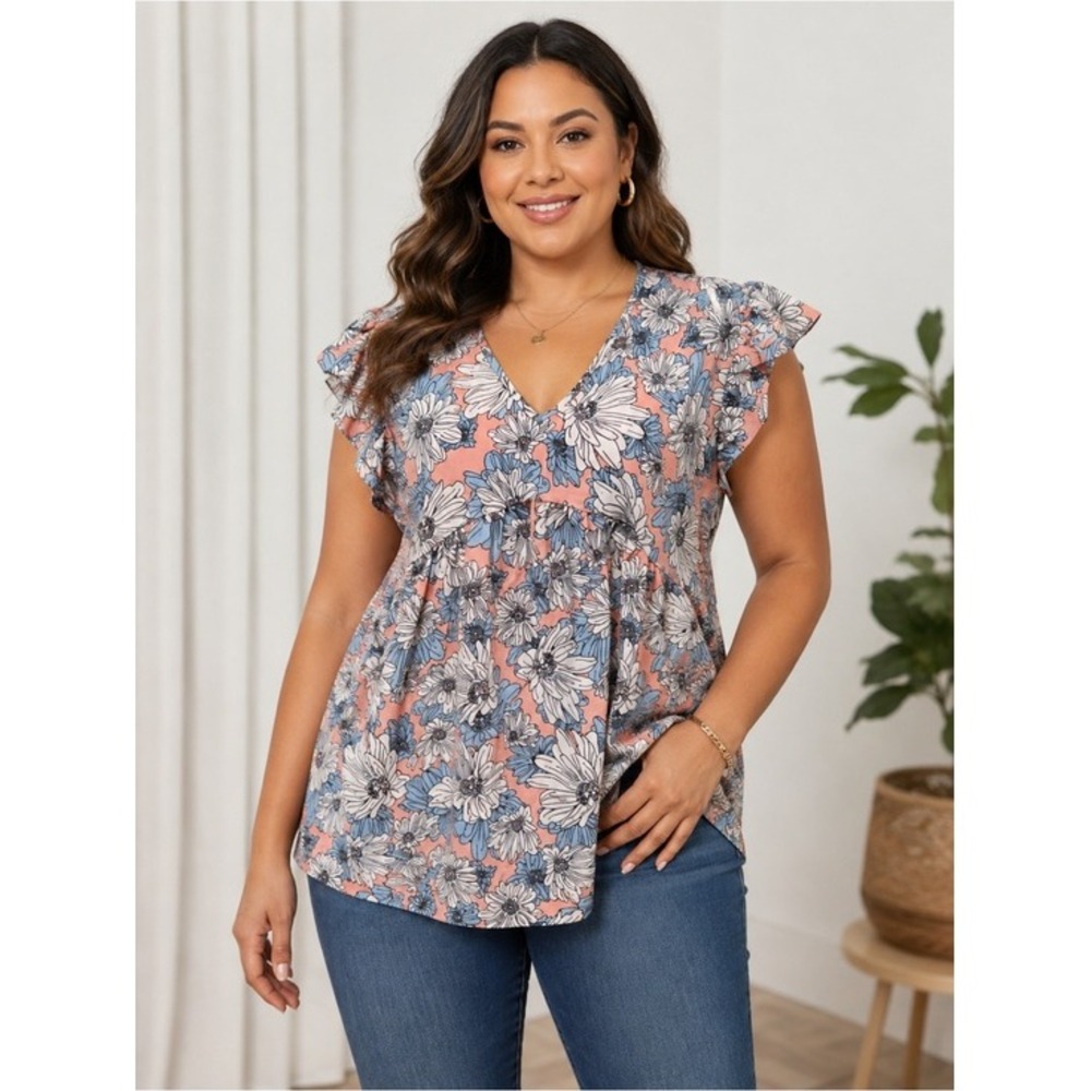 SHEIN Curve. Coral/blue/White floral top. Ruffles‎ on arms. Size 0XL.